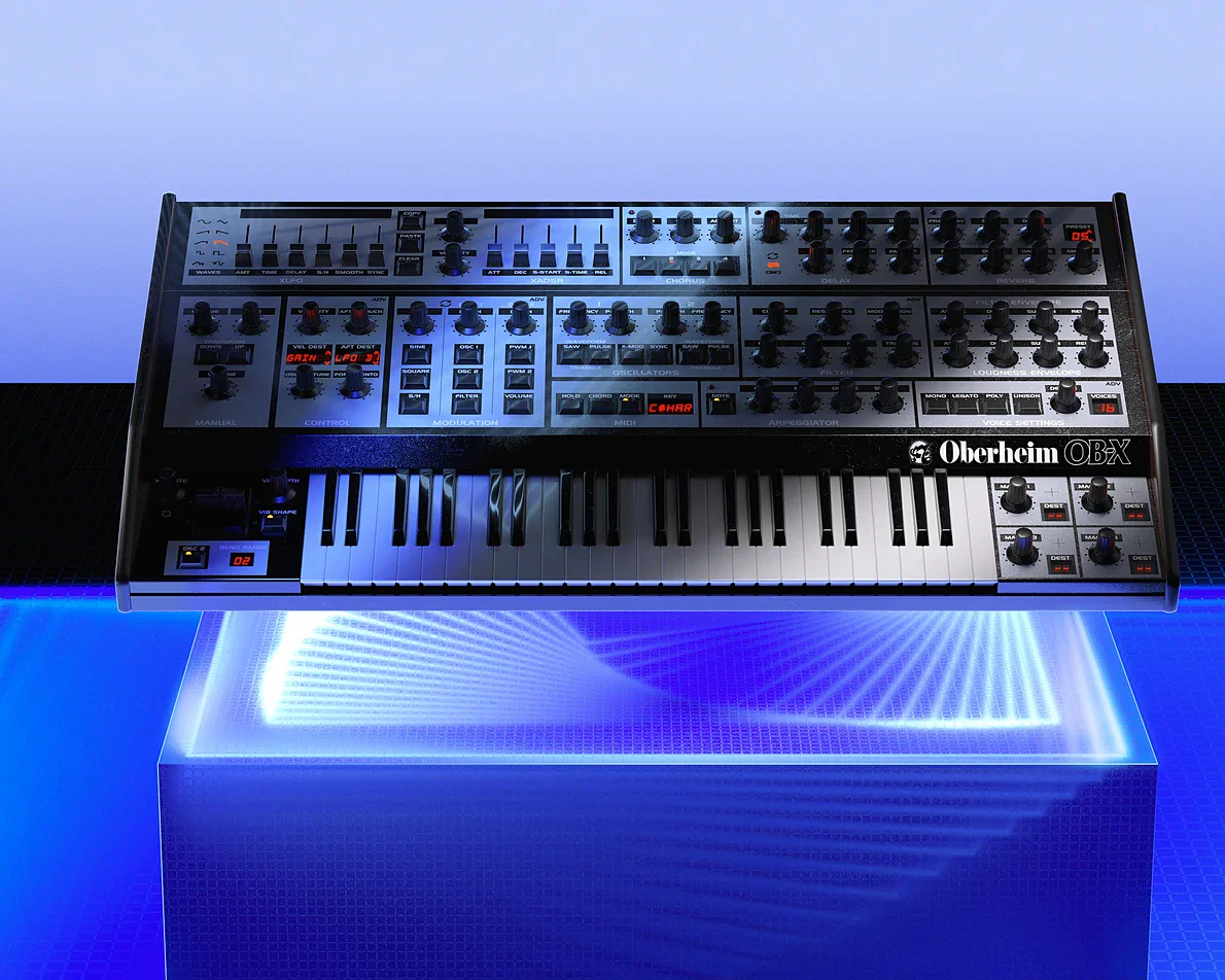 Oberheim OB-X vintage synthesizer with control knobs and keyboard.