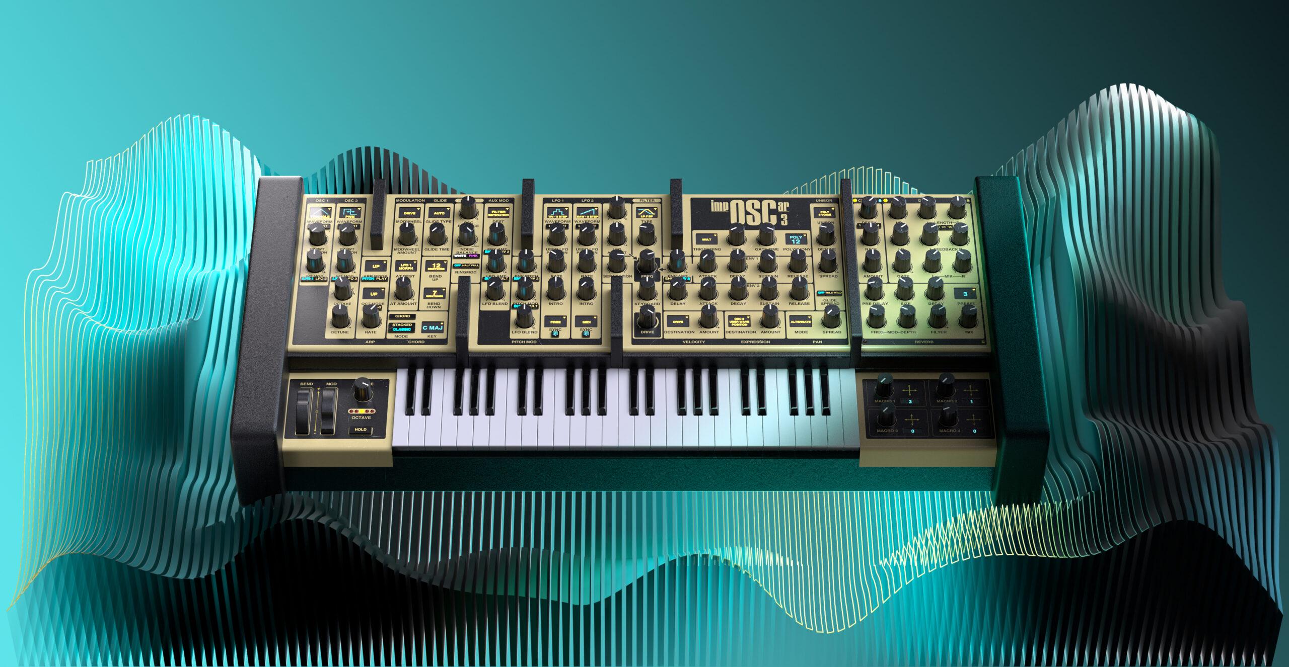 Electronic synthesizer keyboard with control knobs and keys for music creation.